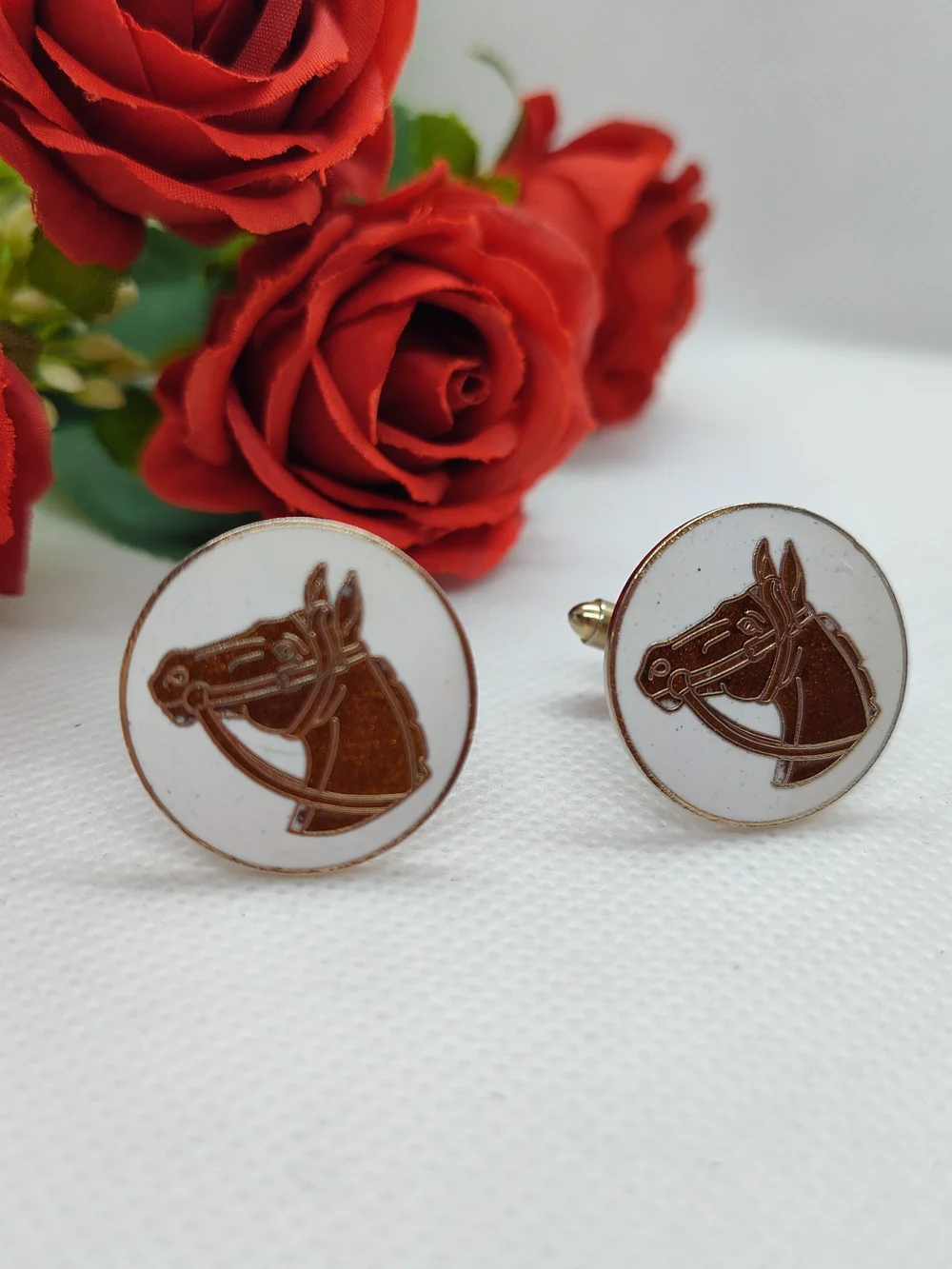 Vintage Equestrian Horse Head Enamel Cufflinks in Brown and White